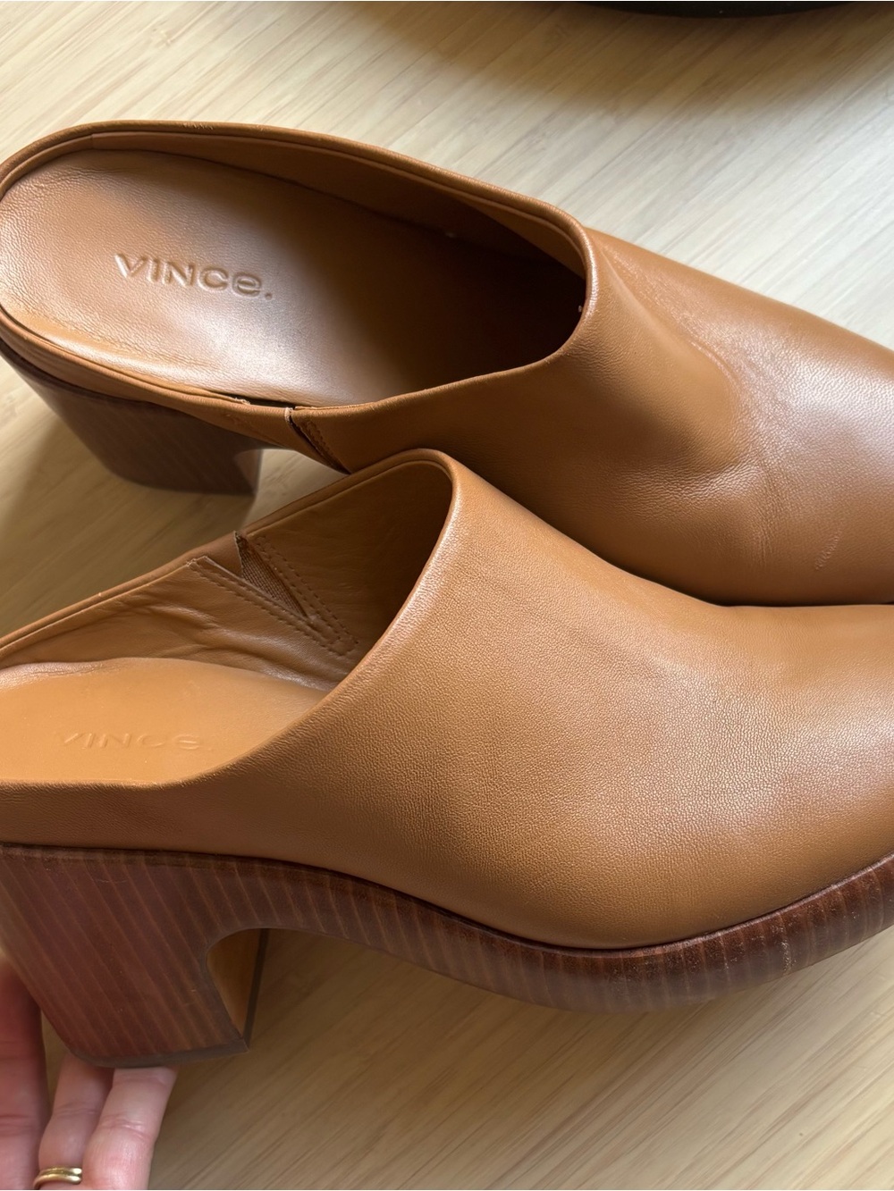 Vince Cognac Brown Leather Block Heel Mules